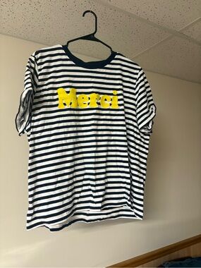 H&M Navy & White Striped Tee with Yellow Accent